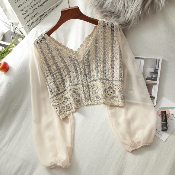 Floral Blouse crochet embroidery cropped French style knit chiffon puff cream - Picture 6 of 8
